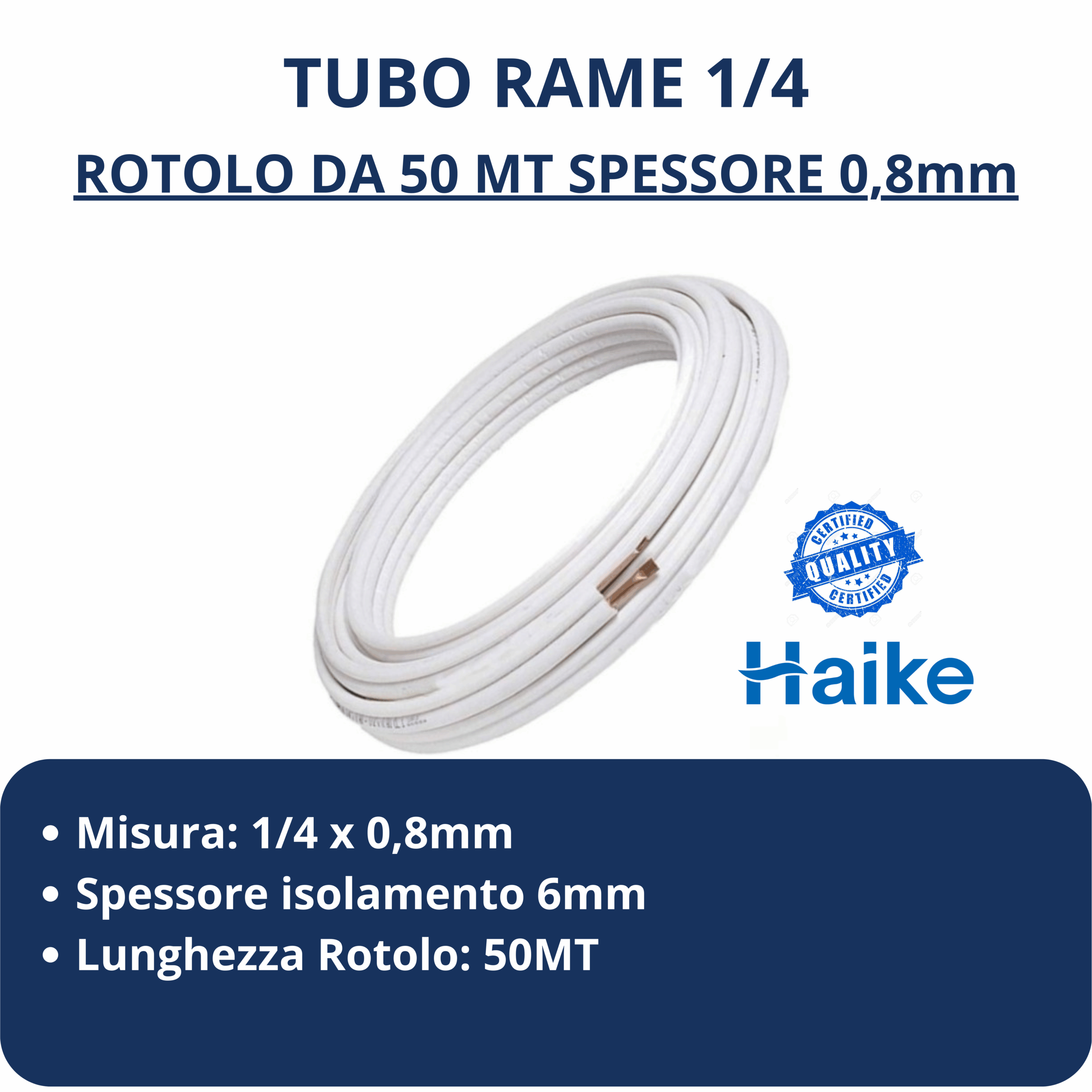 Tubo in Rame 1/4 Condizionamento per Climatizzatore rotolo da 50 Mt 0,8mm