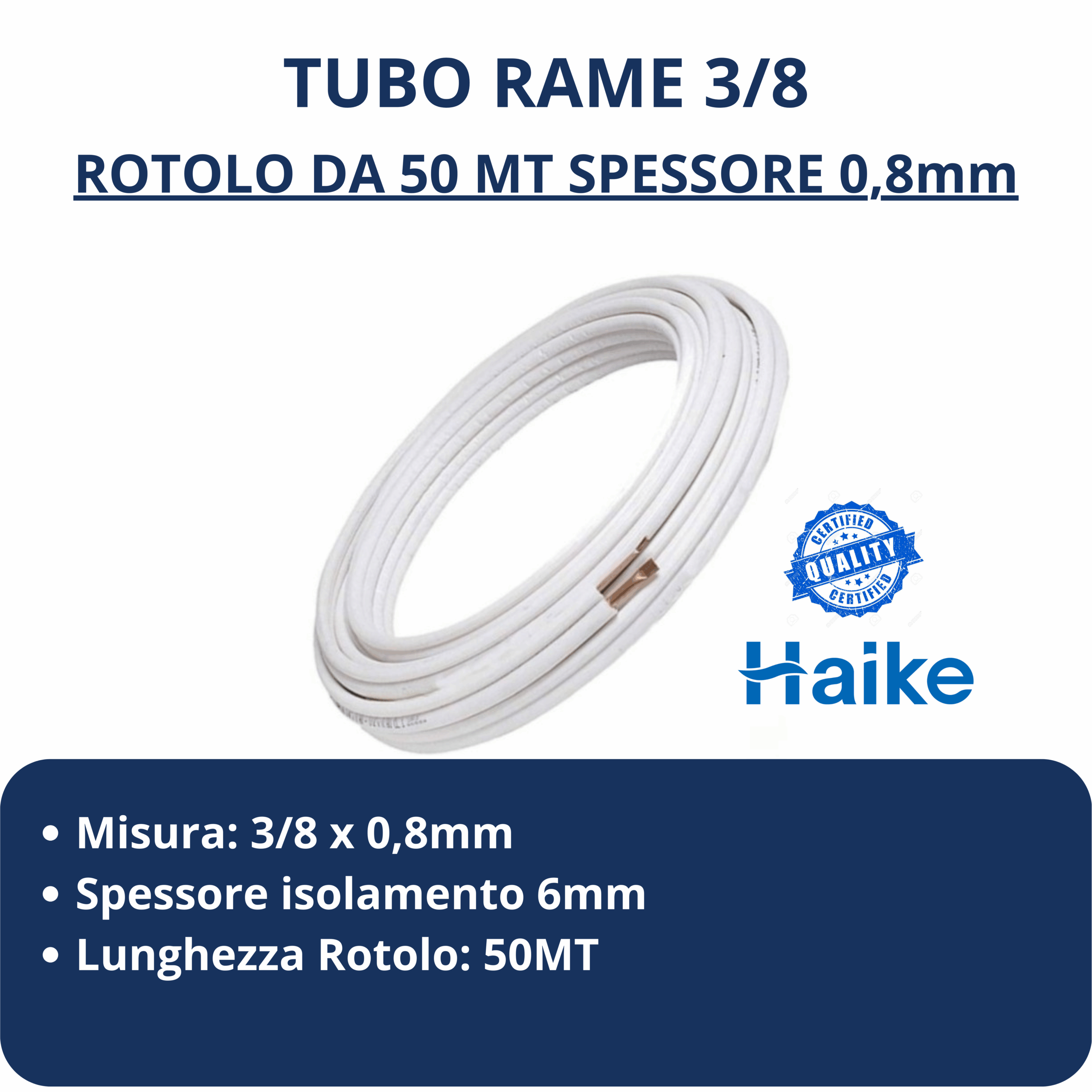 Tubo in Rame 3/8 Condizionamento per Climatizzatore rotolo da 50 Mt 0,8mm